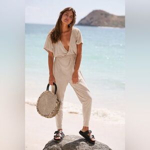 NWT Free People Beach Keep It Comin’ One Piece Jumpsuit Linen Neutral Size Small